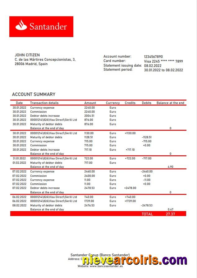 Spain Santander bank statement in Word and PDF format, version 2